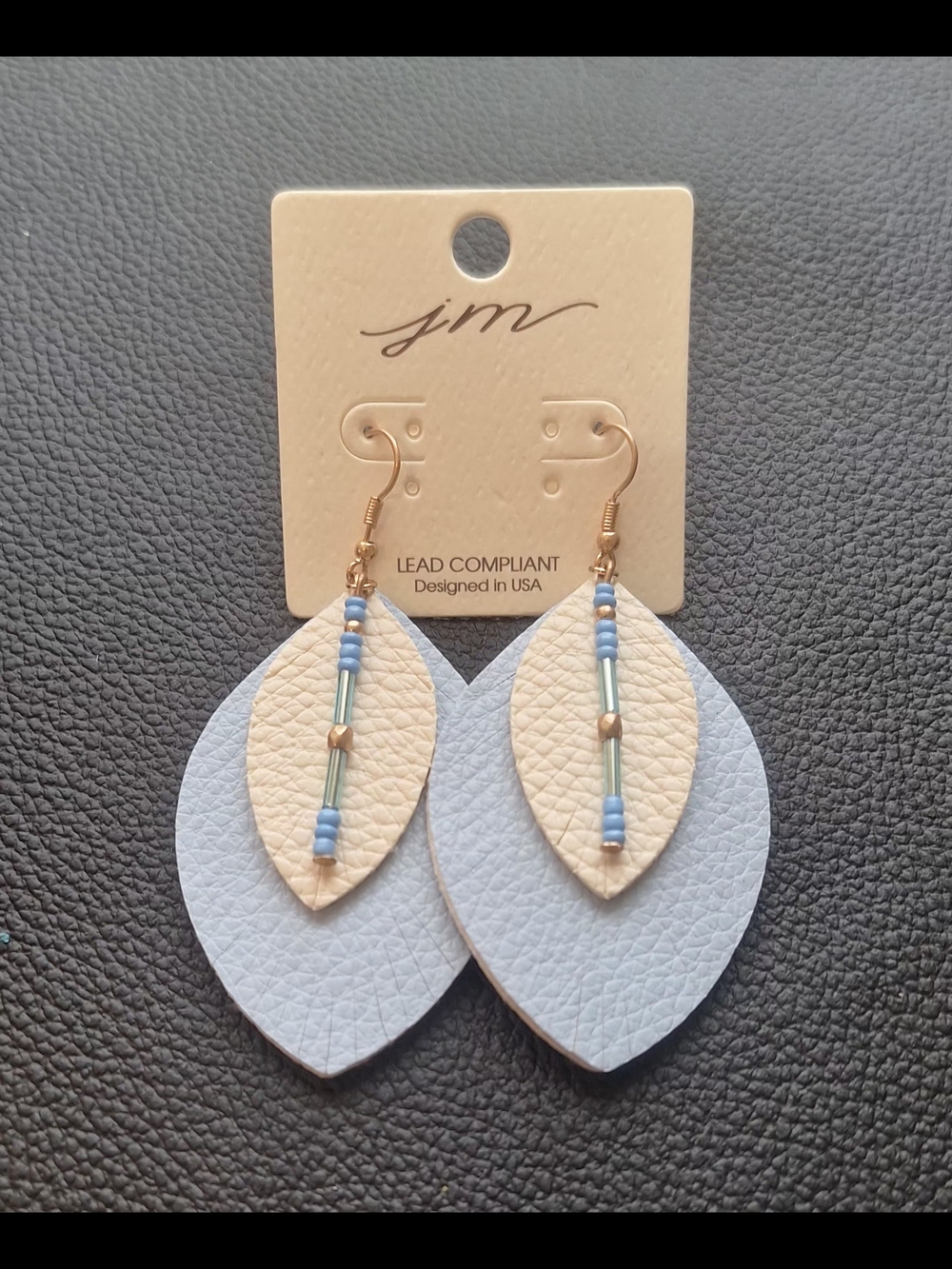 3.25" JM Collection Cream and Light Blue Layered Leather Leaf Dangle Earrings